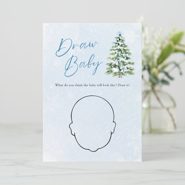 Blue Bow Christmas Tree Baby Shower Draw Baby Game Invitation (Standing Front)