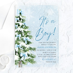 Blue Bow Christmas Tree It's a Boy Baby Shower Acrylic Invitations