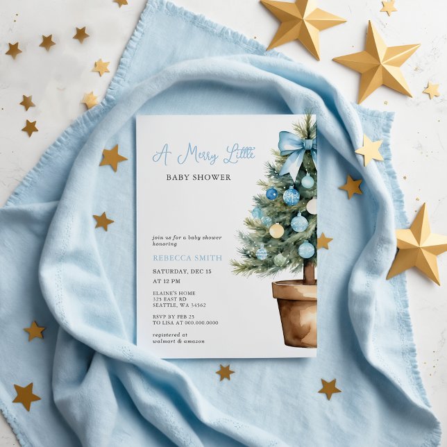 Blue Bow Christmas Tree Merry Little Baby Shower Invitation (Blue Bow Christmas Tree Merry Little Baby Shower Invitation)