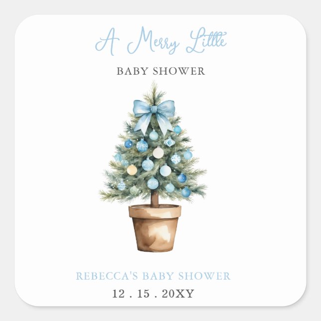 Blue Bow Christmas Tree Merry Little Baby Shower Square Sticker (Front)