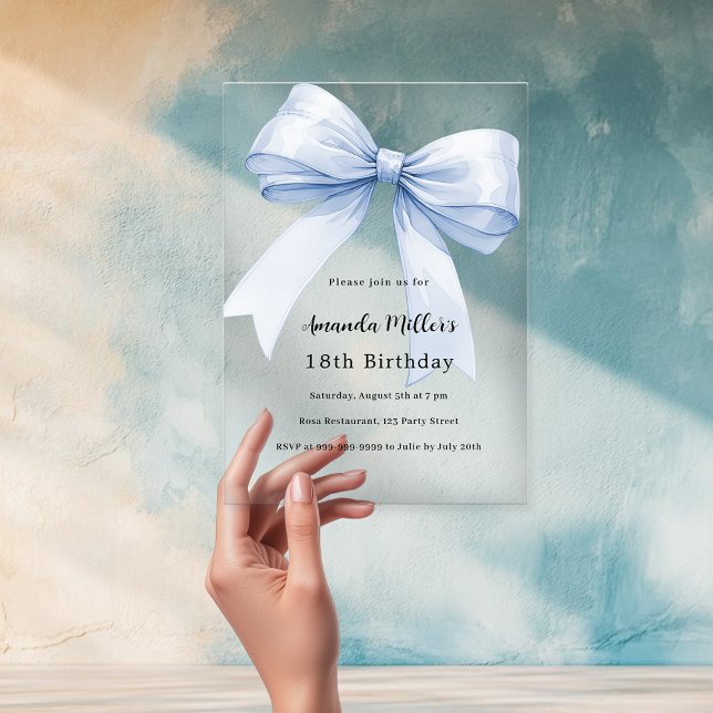 Blue bow clear birthday acrylic invitations (Creator Uploaded)