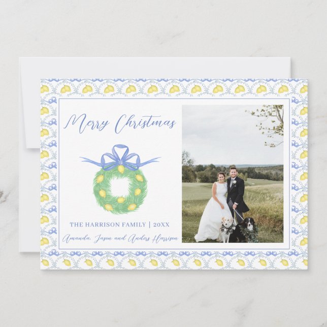 Blue Bow Coastal Christmas Grandmillenial Photo  H Holiday Card (Front)