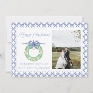 Blue Bow Coastal Christmas Grandmillenial Photo Holiday Card