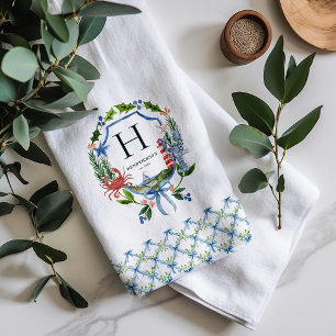 Blue Bow Coastal Christmas Nautical Monogram Tea Towel