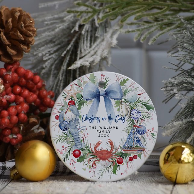 Blue Bow Coastal Christmas Photo Ceramic Ornament (Creator Uploaded)