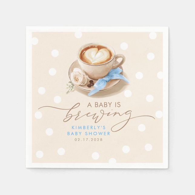 Blue Bow Coffee Baby Is Brewing Boy Baby Shower Napkin (Front)