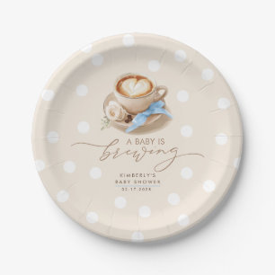 Blue Bow Coffee Baby Is Brewing Boy Baby Shower Paper Plate