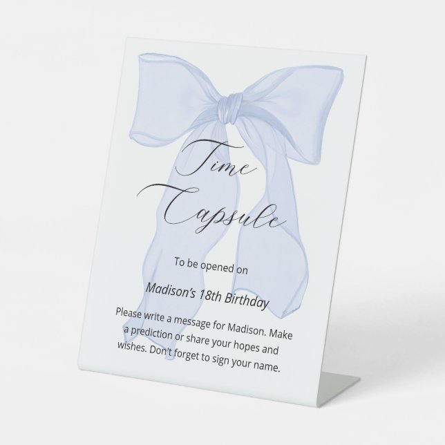 Blue Bow Coquette 1st Birthday Time Capsule Pedestal Sign (Front)