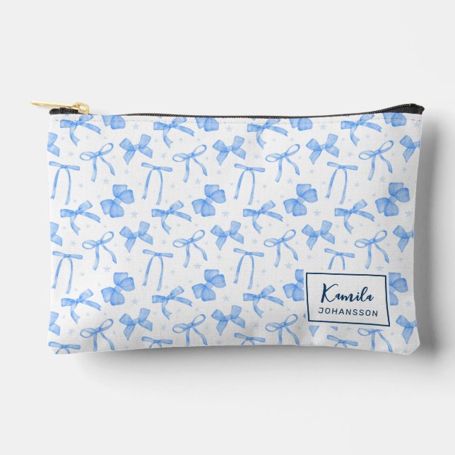 Blue Bow Coquette Aesthetic Custom Name Accessory Pouch (Front)