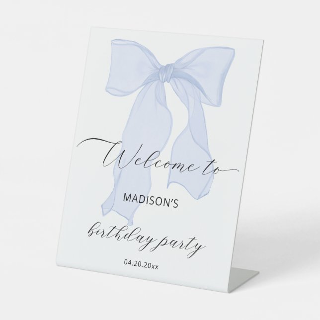 Blue Bow Coquette Birthday Party Welcome Pedestal Sign (Front)