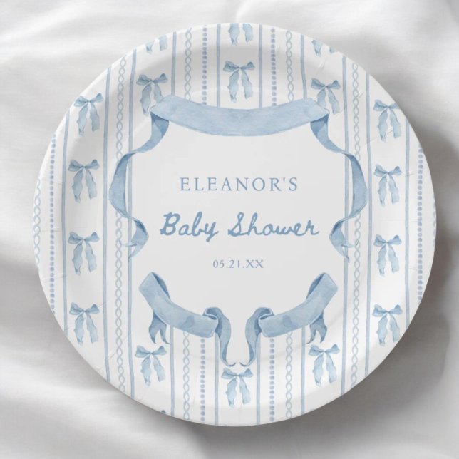 Blue Bow Coquette Blue Boy baby Shower Paper Plate (Creator Uploaded)