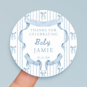 Blue Bow Coquette Blue Boy baby Shower Thank You Classic Round Sticker