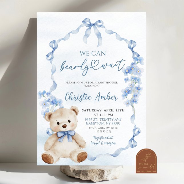 Blue Bow Coquette Can Bearly Wait Baby Shower Invitation (Creator Uploaded)