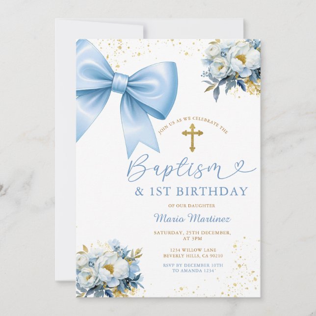 Blue Bow Coquette Girl Baptism and Birthday Floral Invitation (Front)