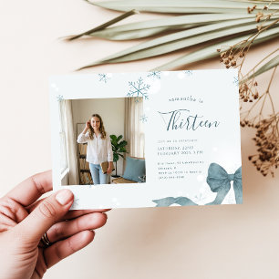 Blue Bow Coquette Girls Photo Winter 13th Birthday Invitation