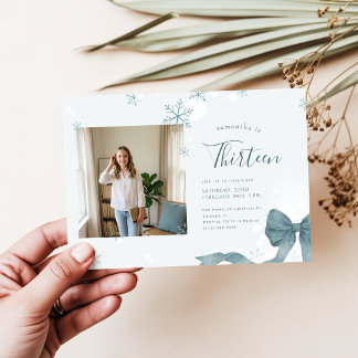 Blue Bow Coquette Girls Photo Winter 13th Birthday Invitation