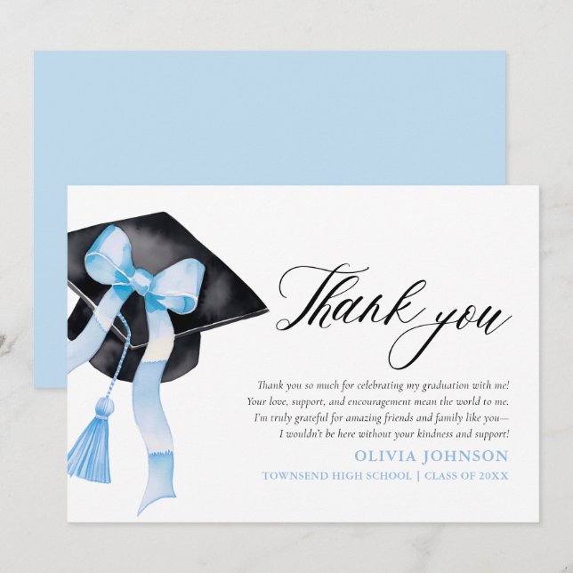 Blue Bow  Coquette Graduation Cap  Thank You Cards (Front/Back)