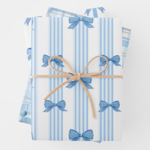 Blue Bow Coquette Pattern Wrapping Paper Sheet