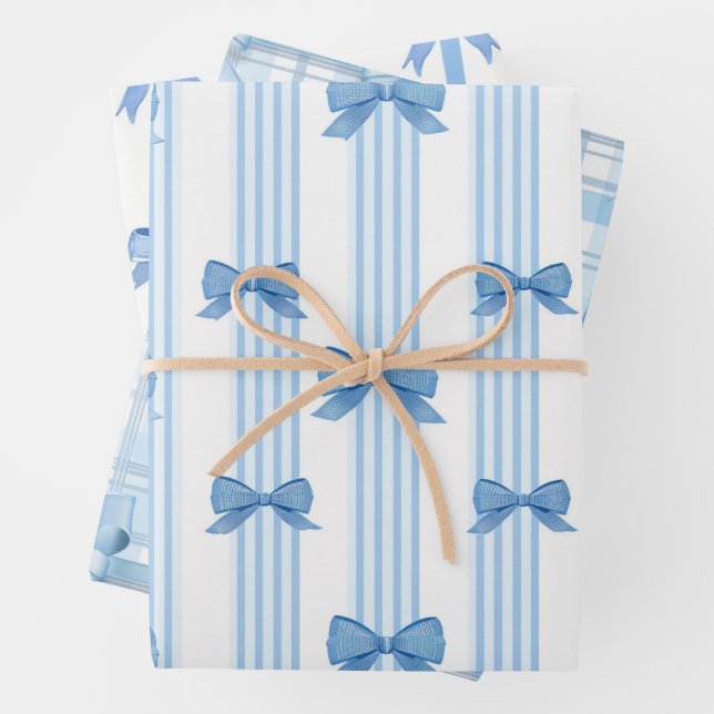 Blue Bow Coquette Pattern Wrapping Paper Sheet (In situ)