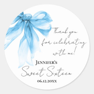 Blue Bow Coquette Script Sweet 16 Thank You  Classic Round Sticker