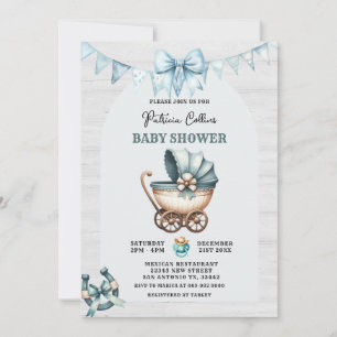 Blue Bow Cowboy Stroller Baby Shower  Invitation