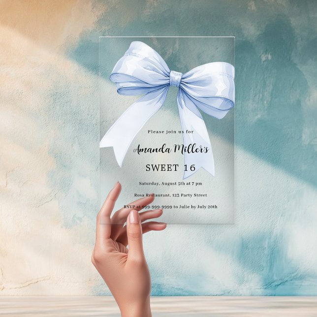 Blue bow cream beige elegant Sweet 16 clear Acrylic Invitations (Creator Uploaded)