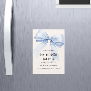 Blue bow cream beige elegant Sweet 16 luxury Magnetic Invitation