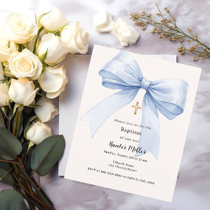 Blue bow cream boy Baptism invitation