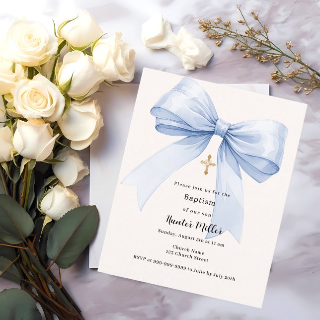 Blue bow cream boy Baptism invitation (Creator Uploaded)
