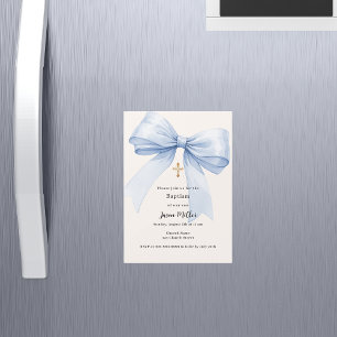 Blue bow cream boy Baptism Magnetic Invitation