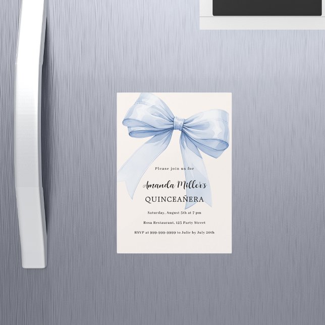 Blue bow cream elegant Quinceanera luxury Magnetic Invitation (Creator Uploaded)