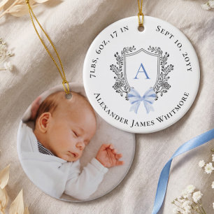 Blue Bow Crest Baby Monogram Birth Stats Photo Ceramic Ornament