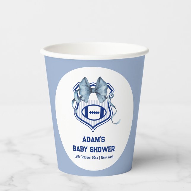 Blue Bow Crest Rookie Football Sport Baby Shower Paper Cups (Front)