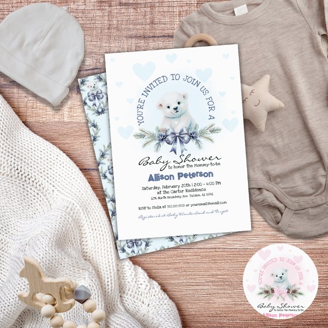 Blue Bow Cute Bear Cub Winter Boy Baby Shower Invitation (Cute Baby Boy Baby Shower Invitation for Winter)