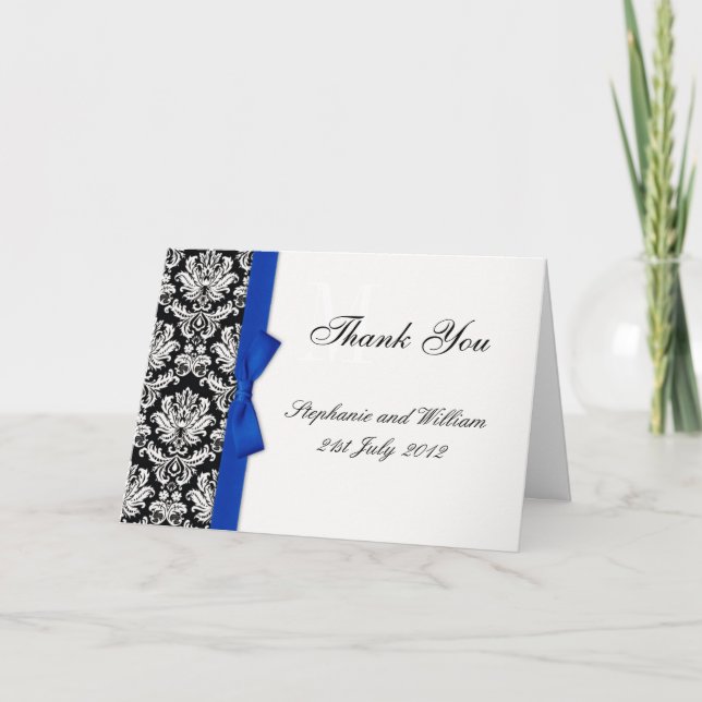 Blue Bow Damask Wedding Thank You Cards (Front)