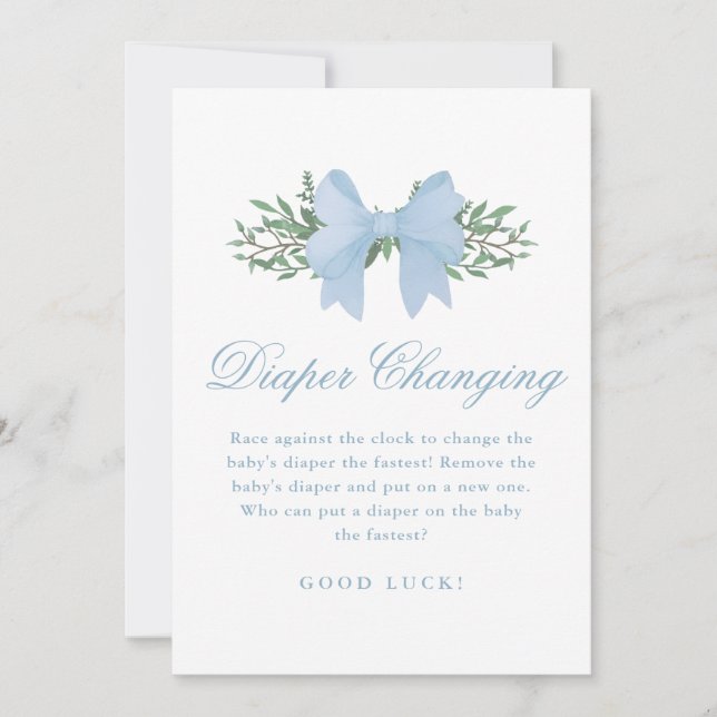 Blue Bow Diaper Changing Baby Shower Game Invitation (Front)