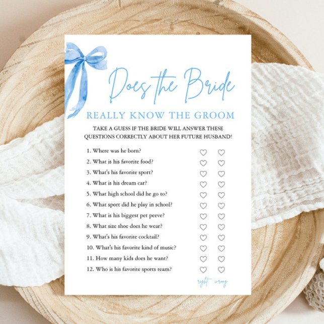 Blue Bow Does The Bride Really Know The Groom Game Invitation (Modern Watercolor Dusty Blue Bow Does The Bride Really Know The Groom Game )