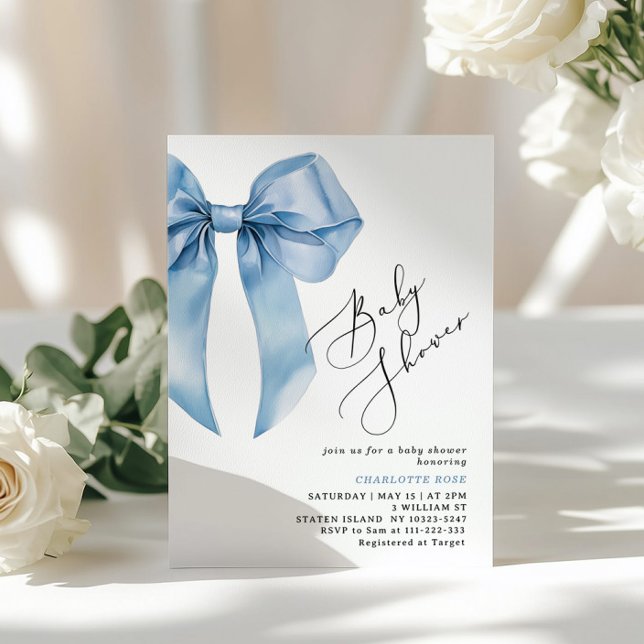 Blue Bow Elegant Baby boy Shower Invitation (Creator Uploaded)