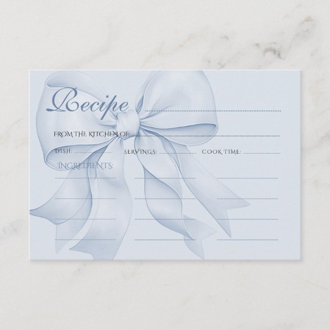 Blue Bow Elegant Bridal Shower Recipe Enclosure Card (Front)