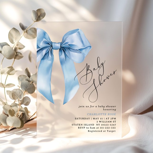 Blue bow  elegant calligraphy Baby Boy shower Acrylic Invitations (Creator Uploaded)