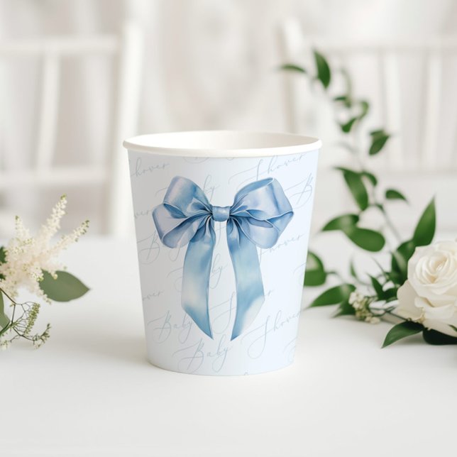 Blue Bow Elegant calligraphy Boy Baby Shower Paper Cups (Creator Uploaded)