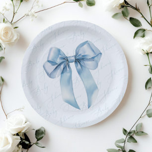 Blue Bow Elegant calligraphy Boy Baby Shower Paper Plate