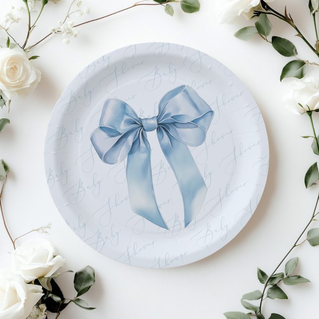 Blue Bow Elegant calligraphy Boy Baby Shower Paper Plate (Creator Uploaded)