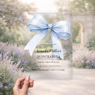 Blue bow elegant Quinceanera luxury clear Acrylic Invitations