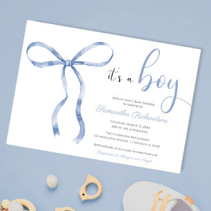 Blue bow elegant watercolor boy baby shower invitation