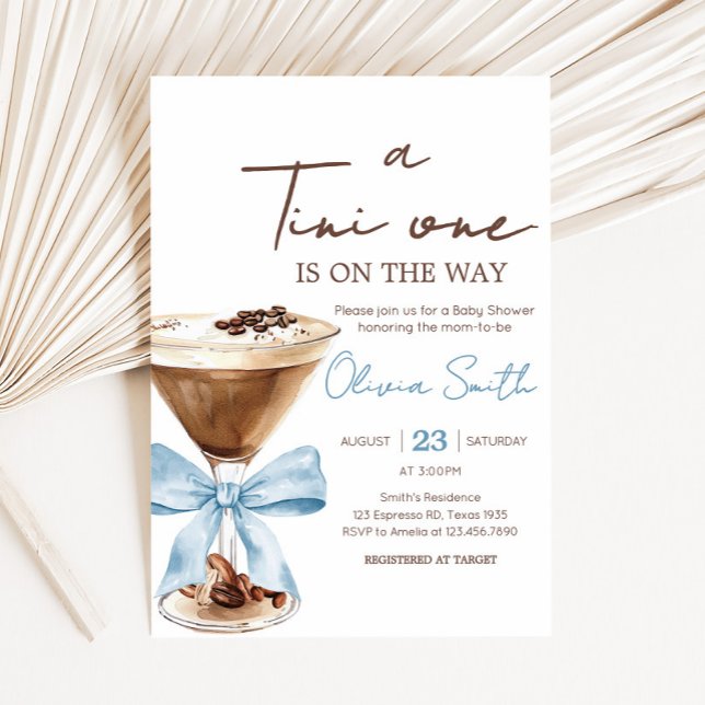 Blue Bow Espresso Martini Baby Shower Invitation (Blue Bow Tini One Espresso Martini Baby Shower Invitation)