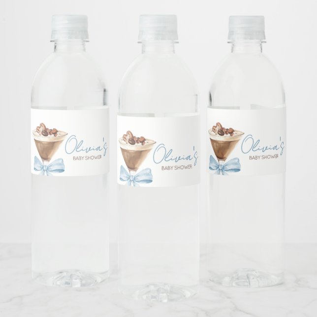 Blue Bow Espresso Martini Baby Shower Water Bottle Label (Bottles)
