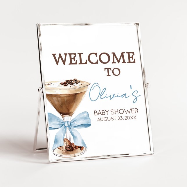 Blue Bow Espresso Martini Baby Shower Welcome Sign (Espresso Baby Shower Sign)