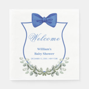Blue Bow Eucalyptus Crest Baby Shower Welcome Napkin