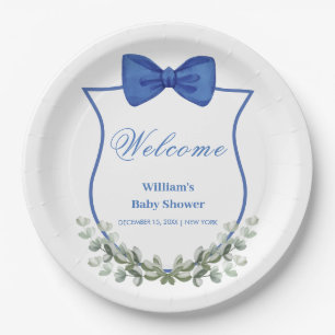 Blue Bow Eucalyptus Crest Baby Shower Welcome Paper Plate